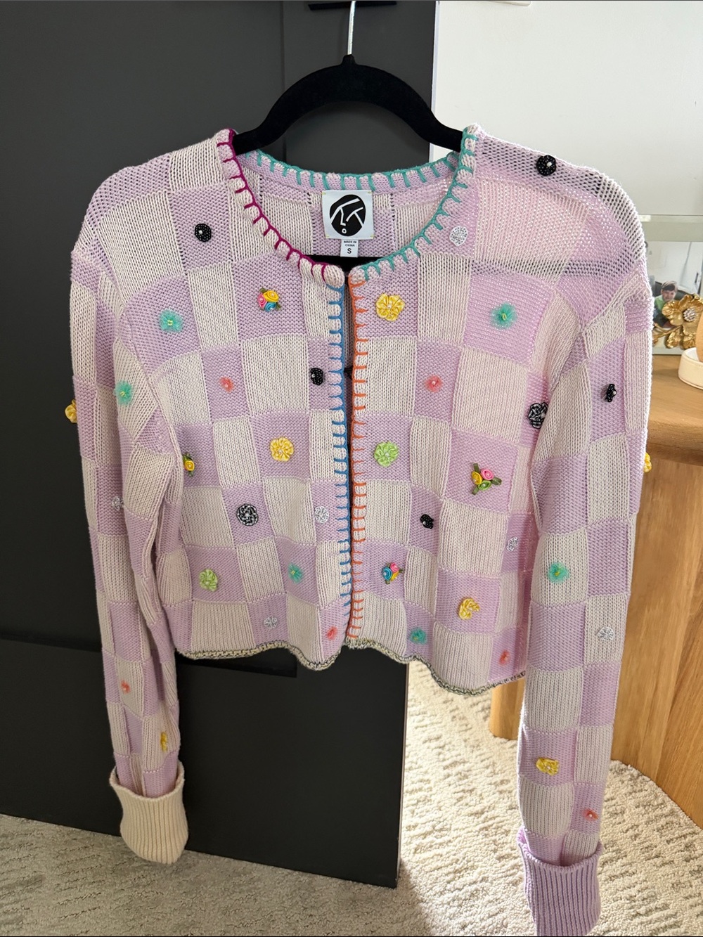 YanYan Lavender Checkered Embellished Cardigan with Multicolor Accents